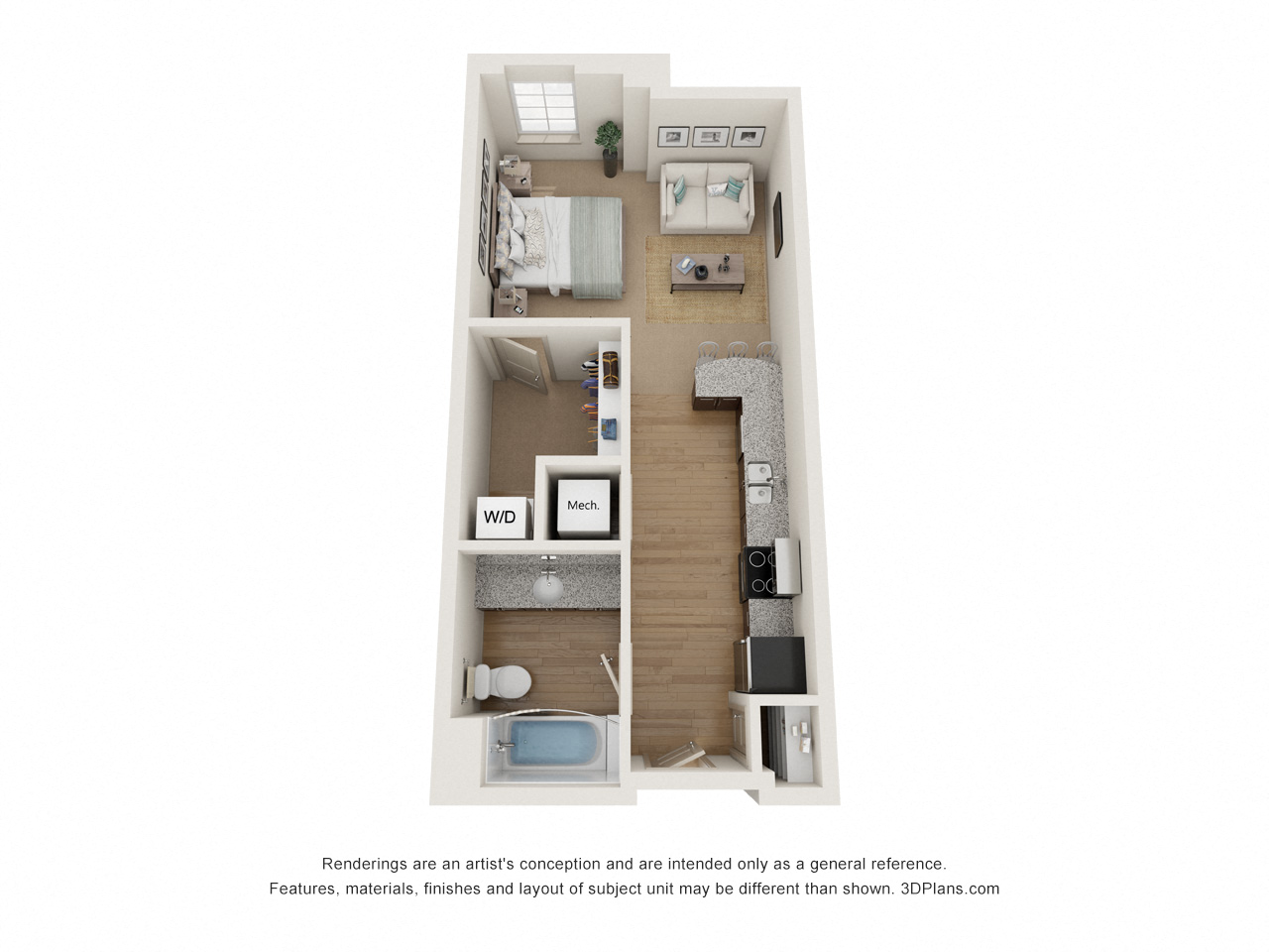 Floor plan for studio, 1 bath, 464 sqft